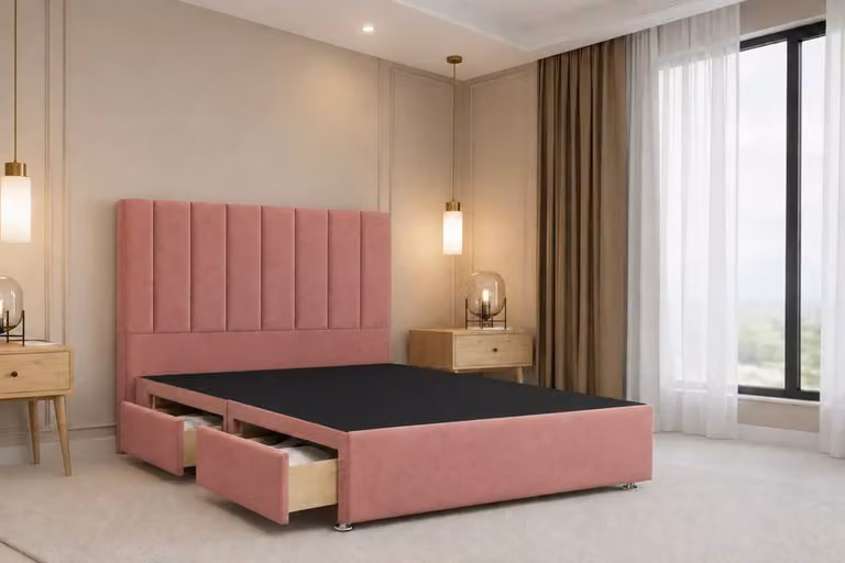 Chester & Oakley Lunar Plush Velvet Divan Bed Base with 2 Drawers and 54 inch Headboard, Pink, W/D/H: 90 x 190 cm