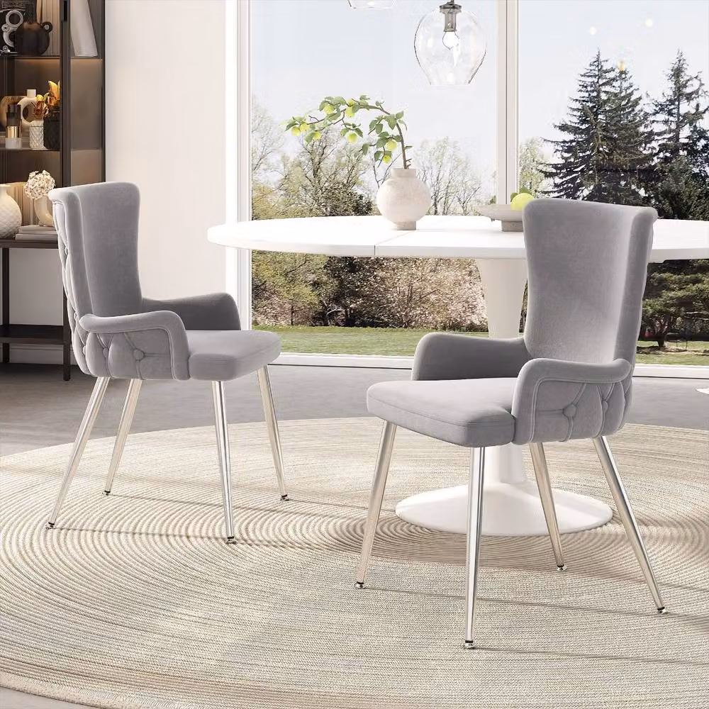 Rolipo Set of 2 Grey Velvet Dining Chairs with Silver Metal Legs – 2