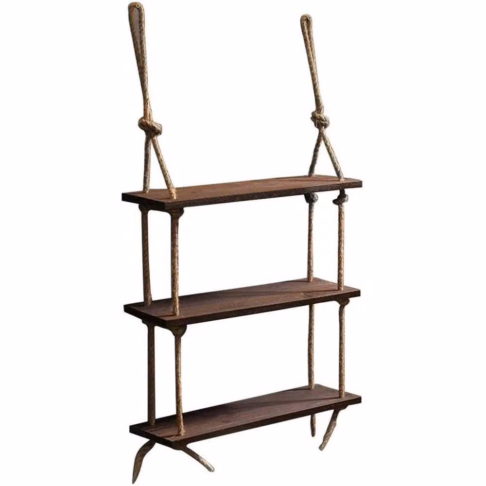 FLAVORA Rustic Brown Wood Rope Hanging Wall Plant Shelves – 2