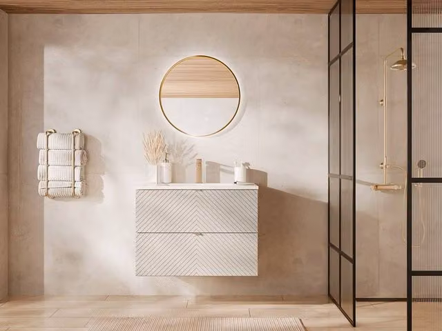 Vente-unique Suspended Chevron Bathroom Vanity Unit with Inset Basin in Beige, Width: 80 cm – 1