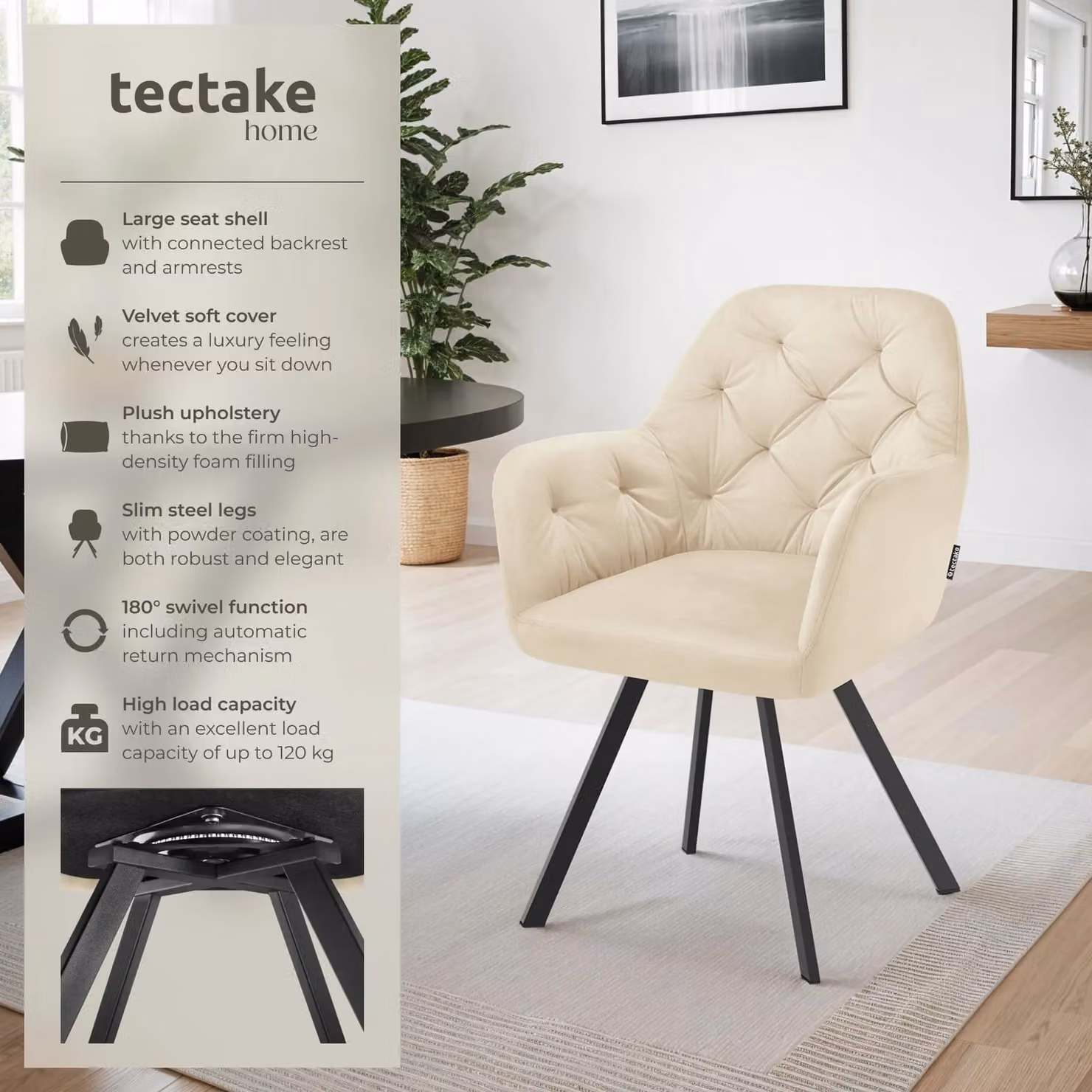 tectake Lucia Armchair in Cream Velvet Fabric with Armrests – 2