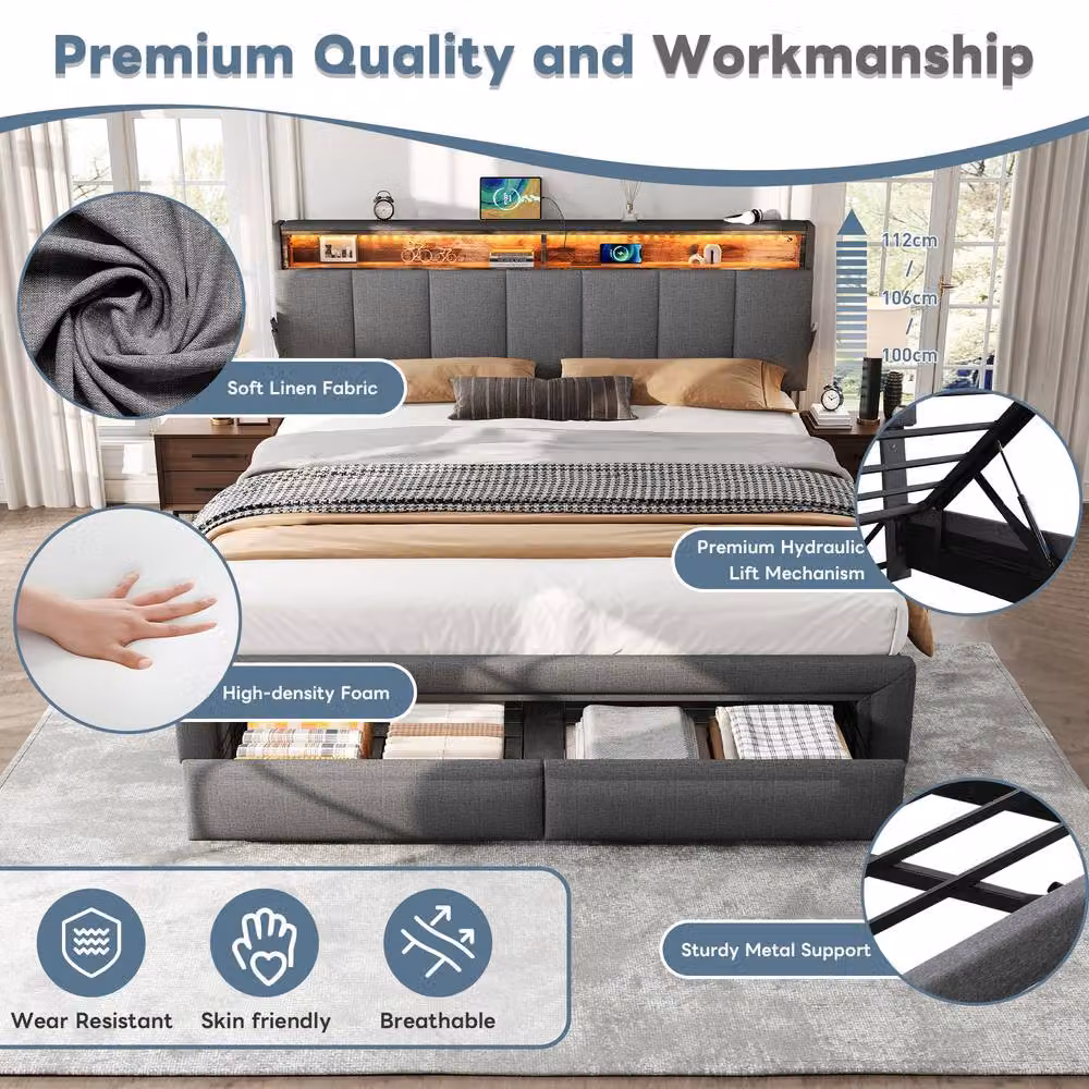 Matteo King Upholstered Bed Frame with Storage, LED Lighting and USB Charging Port, Grey Fabric, W: 180 cm x D: 200 cm – 5