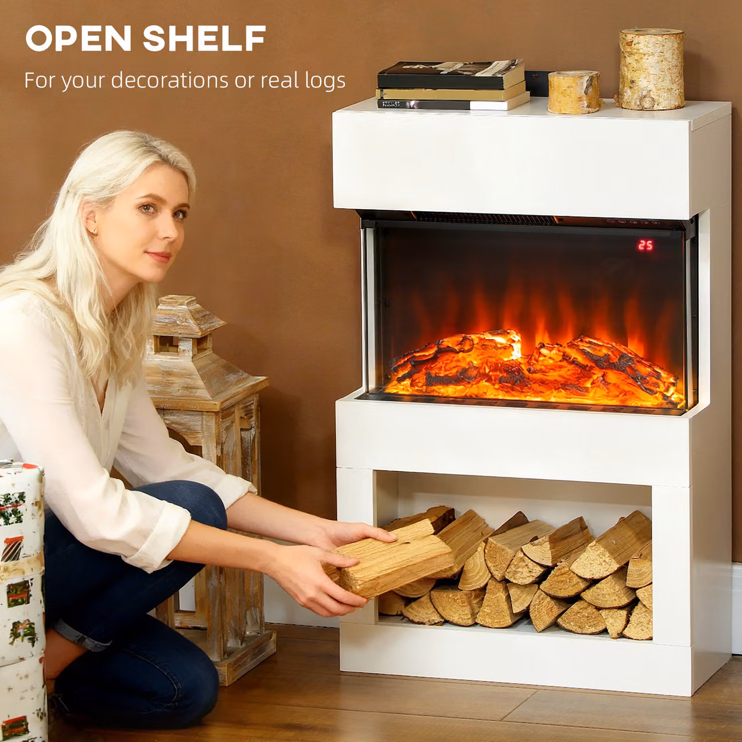 HOMCOM White Electric Fireplace with 3D Flame Effect, 6 Colours, 3 Brightness Levels and 3-Sided View – 5