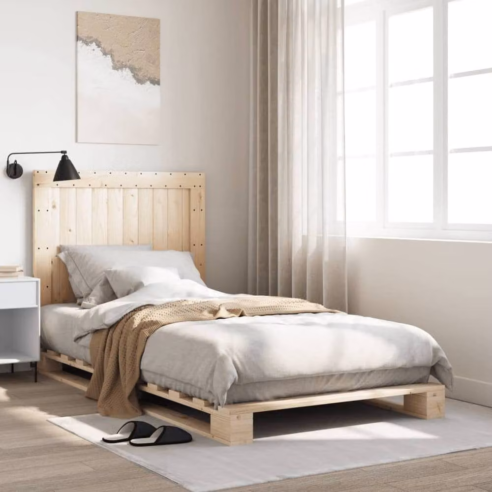 Berkfield Home Solid Wood Bed Frame with Headboard in Light Oak, W/D/H: 100 x 200 cm – 1