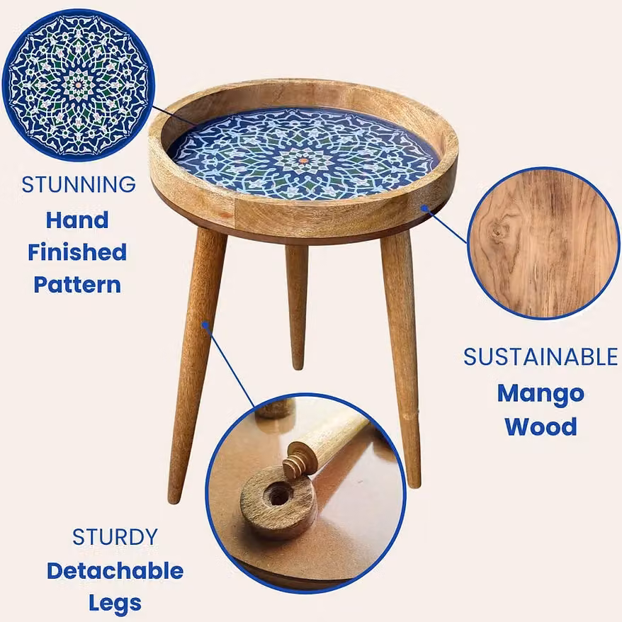 Hartsmede Marrakesh Round Mango Wood Side Table with Blue Glossy Enamel Top, W/D/H: 38 x 38 x 45.72 cm – 13