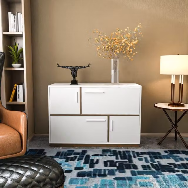 Decorotika Mares Modern Geometric Sideboard in White and Brown, W/D/H: 120 x 45 x 81.6 cm