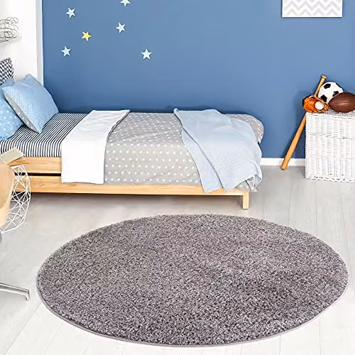 THE RUGS Grey Plain Soft High Pile Shaggy Round Rug, Diameter: 120 cm