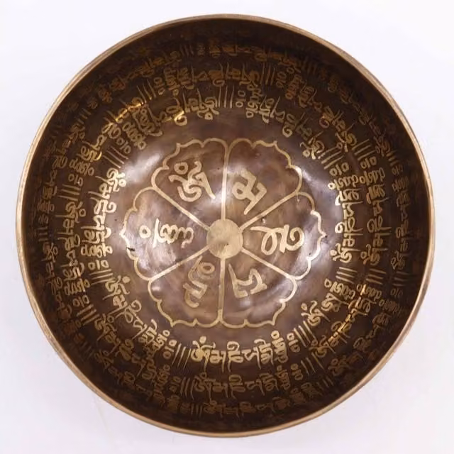 KDMK Gold Tibetan Healing Engraved Mantra Bowl, Diameter: 16 cm