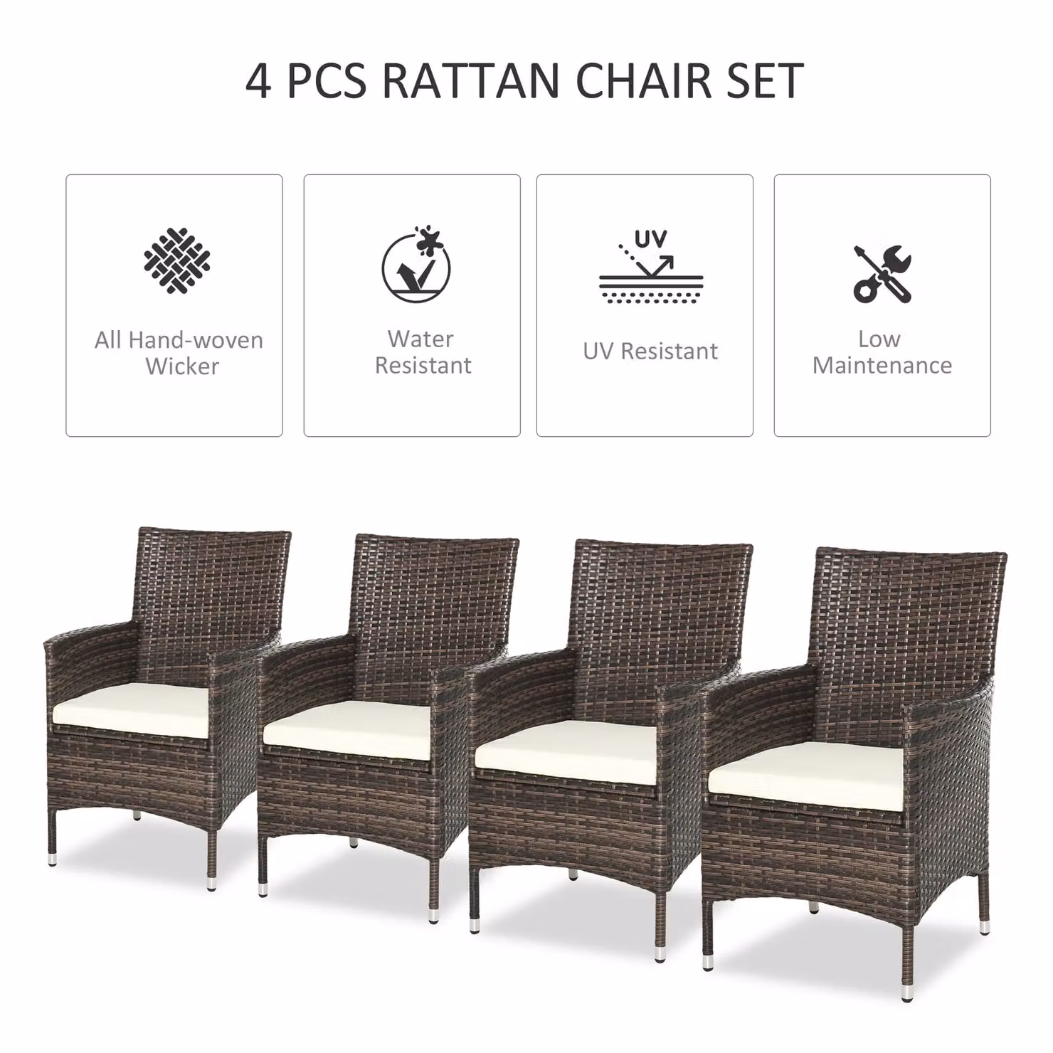 OUTSUNNY 4-Piece Dark Brown Rattan Wicker Armchair Dining Chair Set for Garden – 4