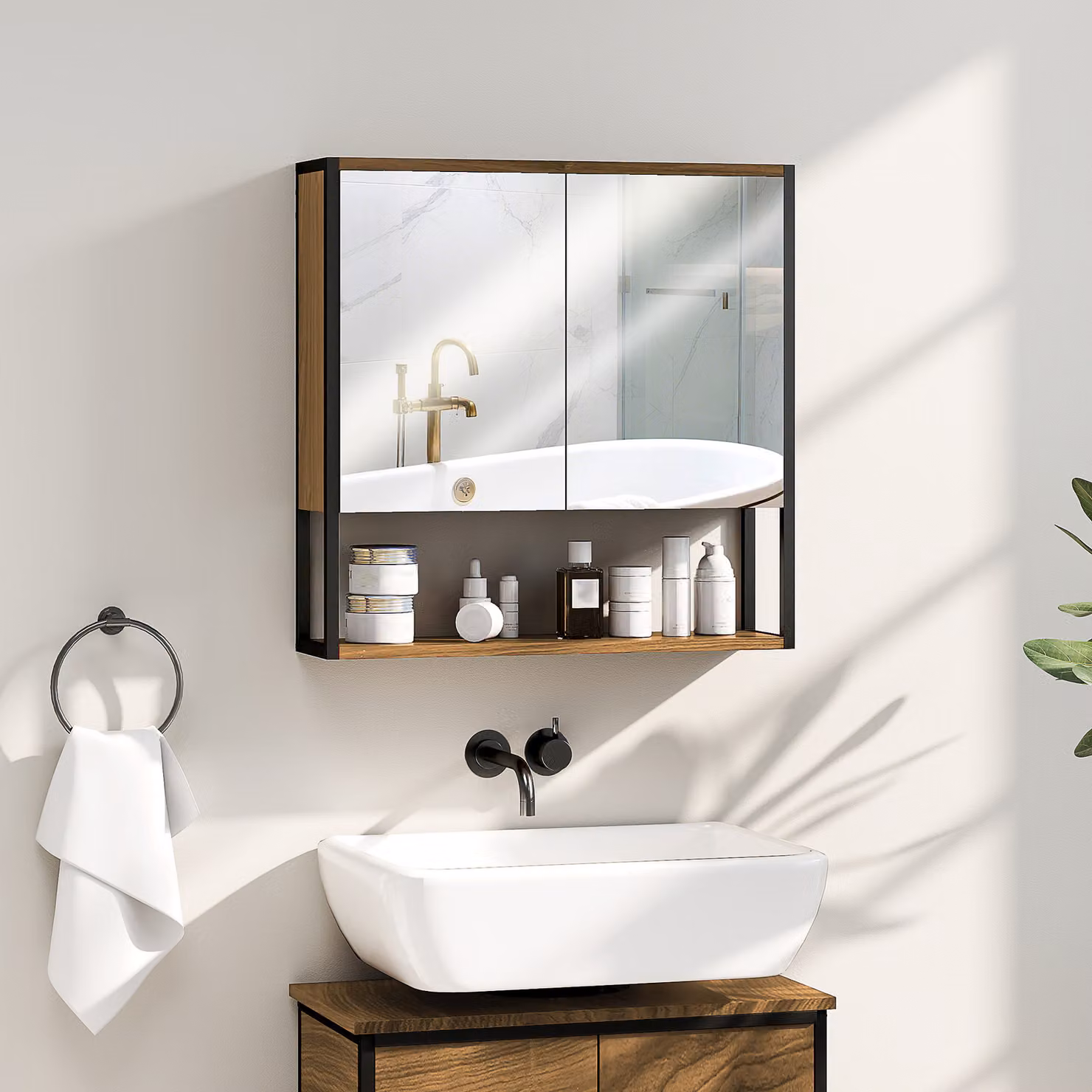HOMCOM Industrial Wall-Mounted Bathroom Mirror Cabinet with Soft-Close Hinged Doors and Internal Shelves in Brown Wood and Metal Finish – 2