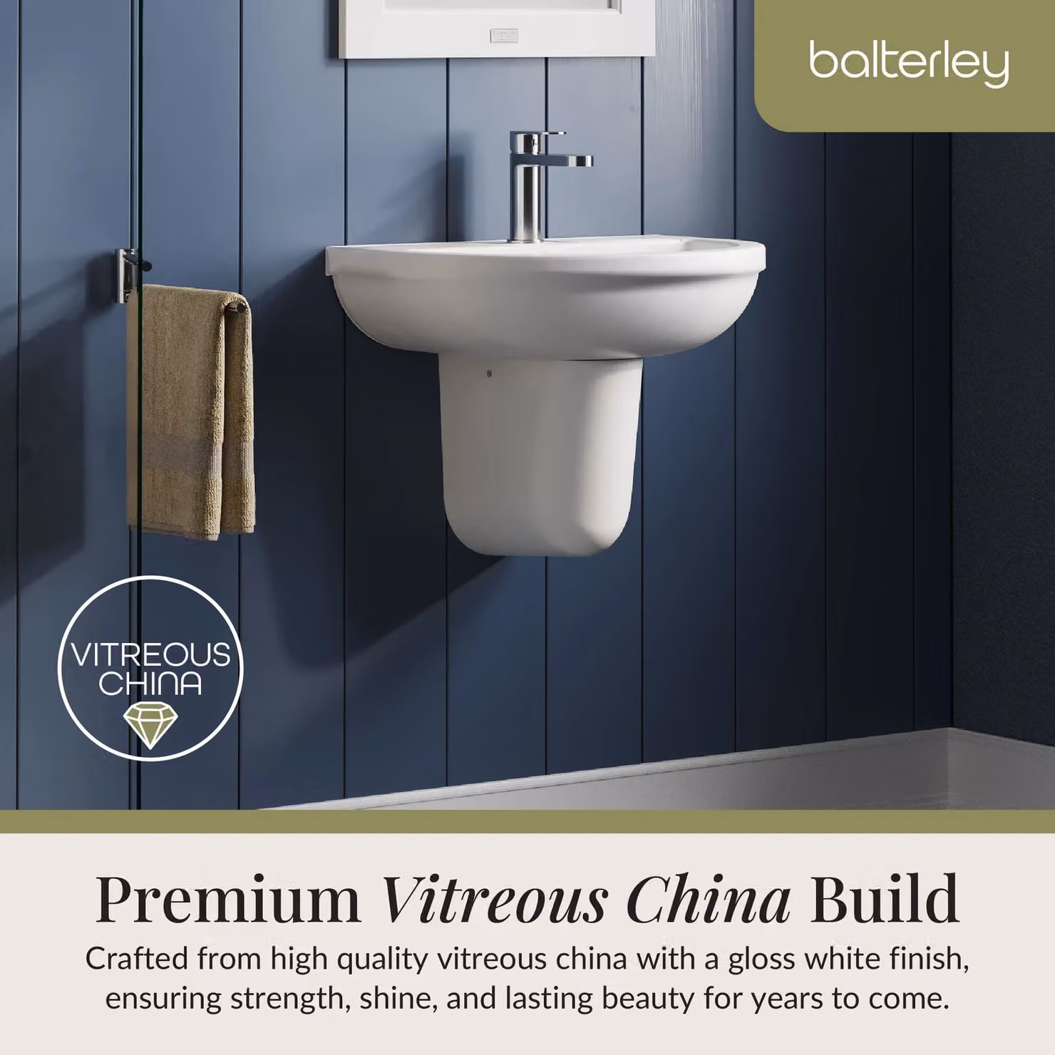 Balterley Round 1 Tap Hole Basin with Semi Pedestal, White, Width: 500 mm – 4