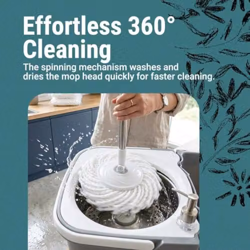 Gr8 Home 360 Dual Spin Mop and Bucket Set with Wringer and 3 Microfibre Heads in Grey – 2