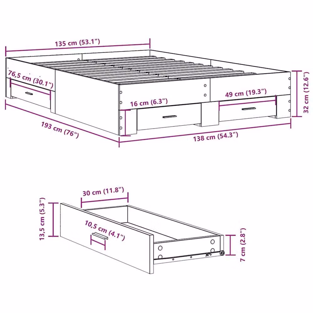 Berkfield Home Double Bed Frame with Drawers in Grey Sonoma, W: 135 cm, L: 190 cm – 2