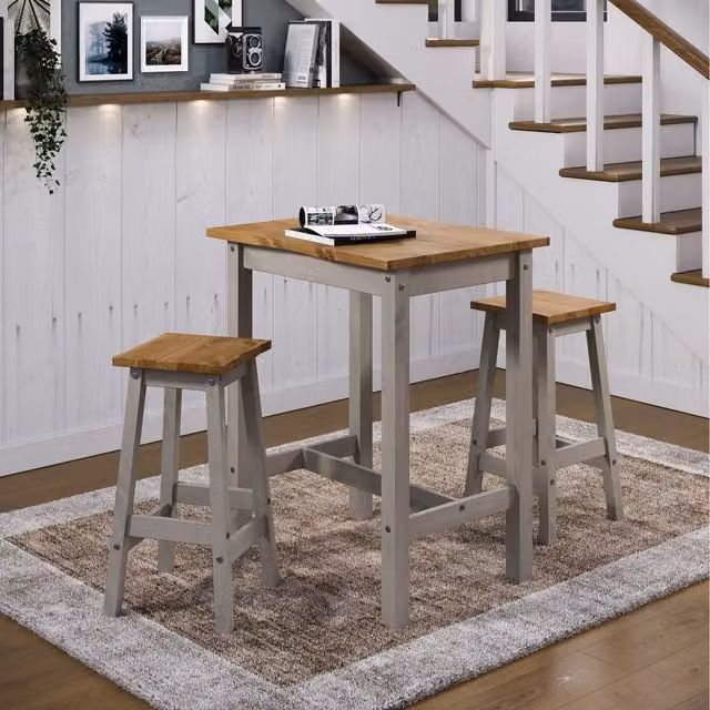 Corona Grey Live Edge Rectangular High Breakfast Bar Table and Stool Set with Grey Washed Wax Finish