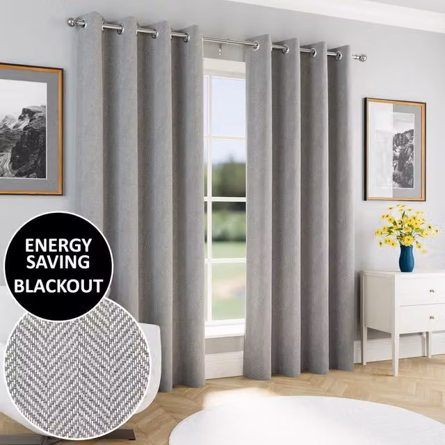Enhanced Living Chester Herringbone Jacquard Blackout Eyelet Curtains, Grey, Width: 229 cm