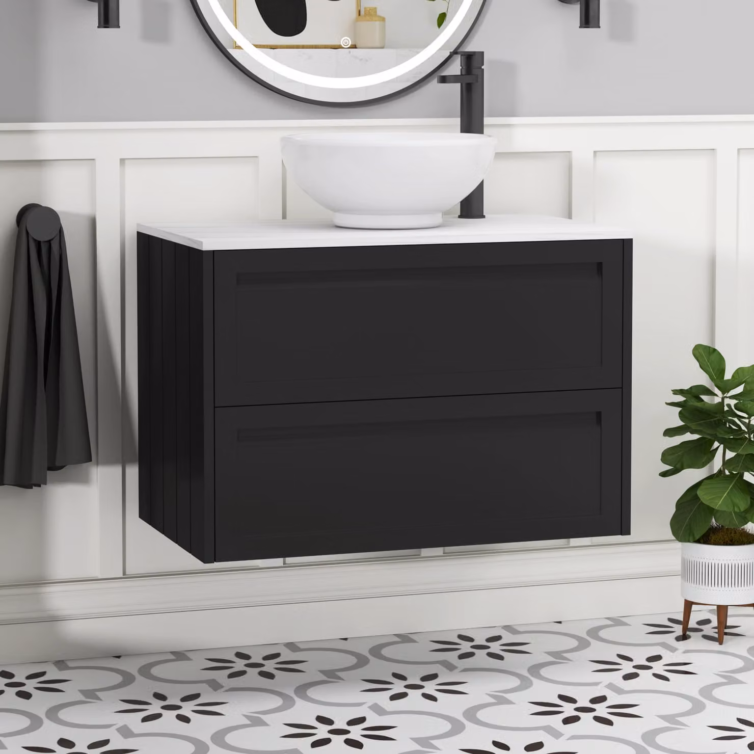 Royal Bathrooms Elmore 800mm Wall Hung Vanity Unit in Matt Nocturne Black with Breeze Basin and 2 Drawers