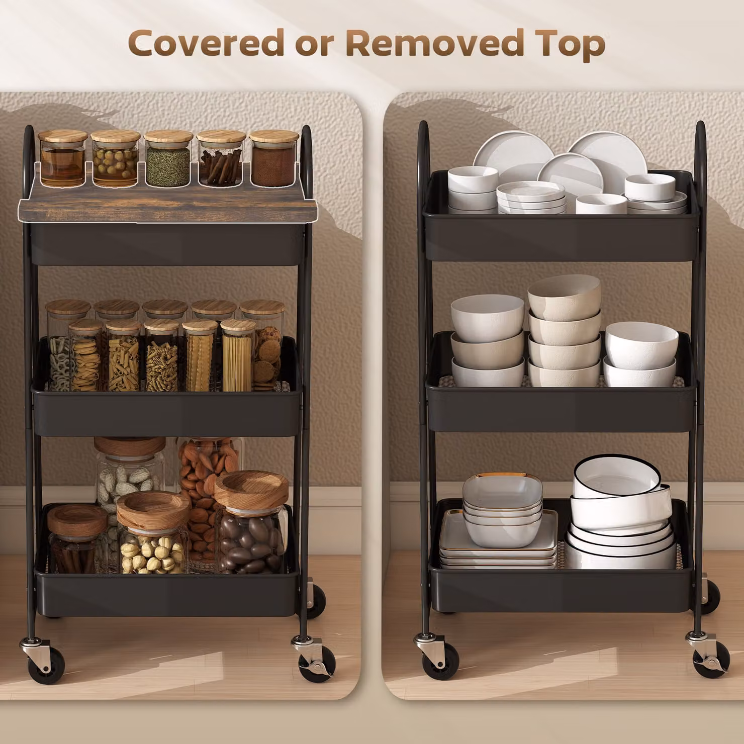 HOMCOM 3-Tier Kitchen Storage Trolley with Wheels and Cover Top Board, Rustic Brown and Black – 4