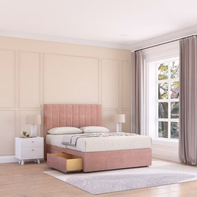 Sloomy Kansas Small Double Divan Bed Base with 2 Drawers and 26 inch Struts Headboard in Pink Velvet