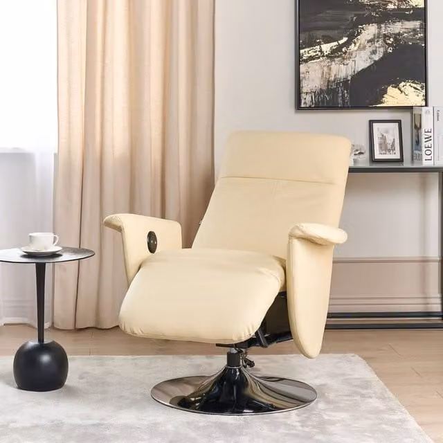 Wyld and Coco Reclining Armchair with Ottoman in Light Beige Faux Leather