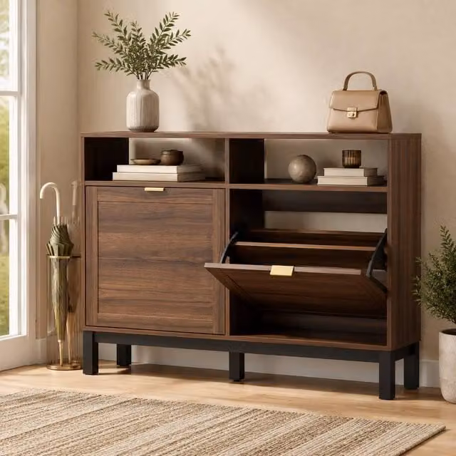 STILVORA Modern Shoe Cabinet in Brown with Tilting Compartments and Open Shelves