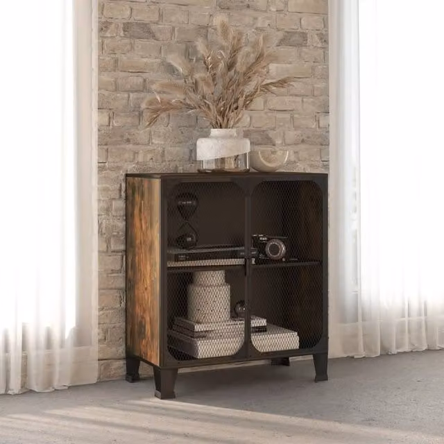 Berkfield Home Industrial Storage Cabinet in Brown with Glass Doors, Metal and MDF, W/D/H: 72 x 36 x 82 cm
