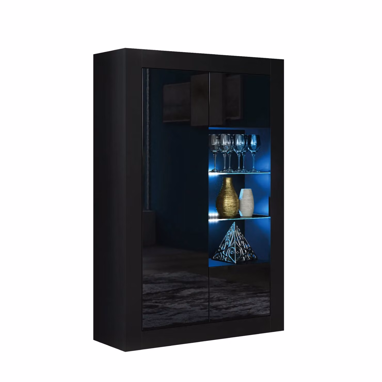 Creative Furniture Arcadia Black Glossy Display Cabinet with Glass Doors and Integrated Lighting W/D/H: 140 x 35 x 93 cm – 3