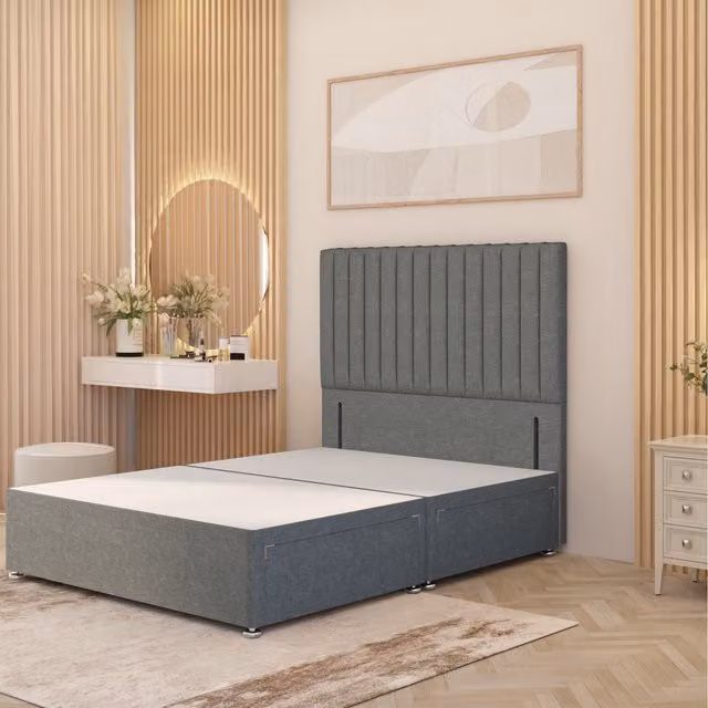 Somnior Beds Ltd Verona Divan Bed Base with 54 inch Floor Standing Headboard in Silver Grey Linen Fabric, W/D/H: 140 x 200 cm