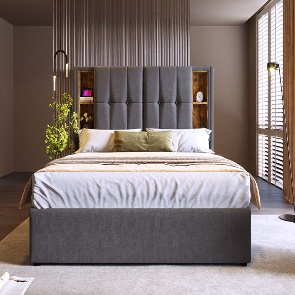 Rolipo Grey Upholstered Hydraulic Storage Bed with USB Charging Port, W/D/H: 140 x 200 x 100.5 cm – 3