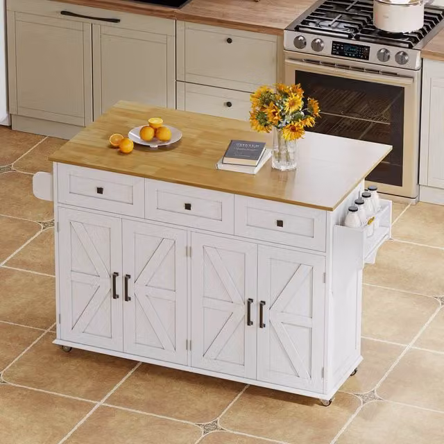 Merax White Rustic Barn Style Rolling Kitchen Island with Foldable Worktop – 1
