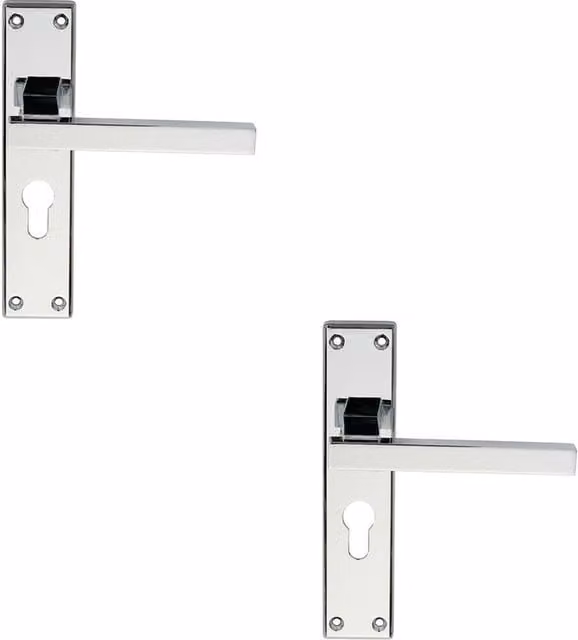 Loops 2x Pair Straight Square Lever on Euro Lock Backplate in Polished Chrome, W: 180 mm x H: 40 mm