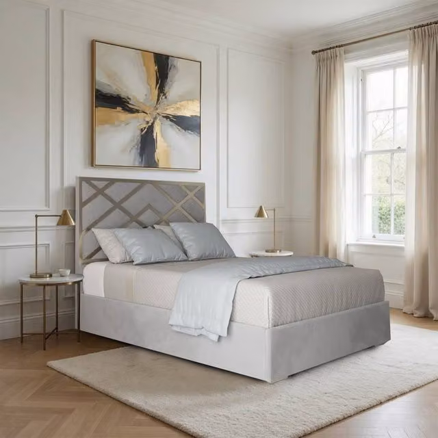 Casani Mallerstang Upholstered Velvet Designer Bed Frame in Grey with Metal Details, W/D/H: 120 x 127 x 128 cm