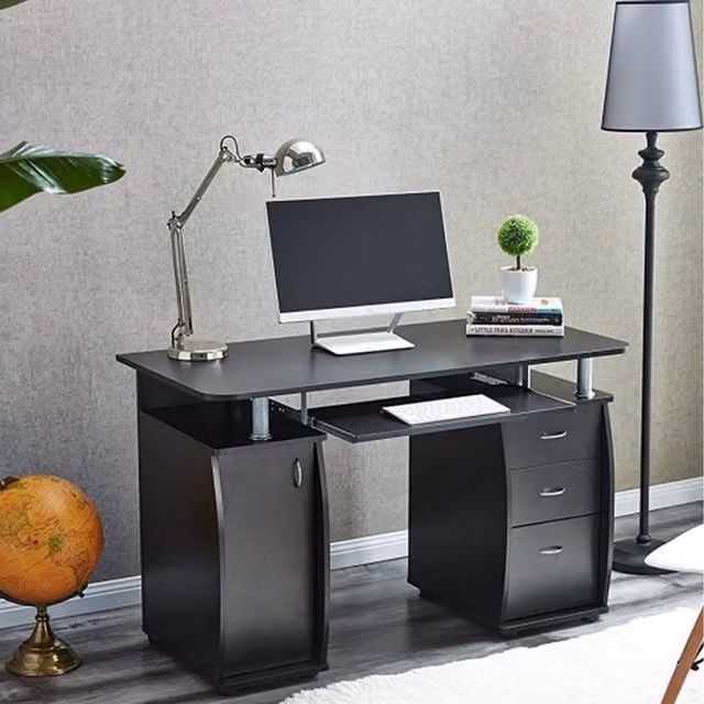 RayGar Wicklow Modern Computer Desk with Cabinet and 3 Drawers in Black