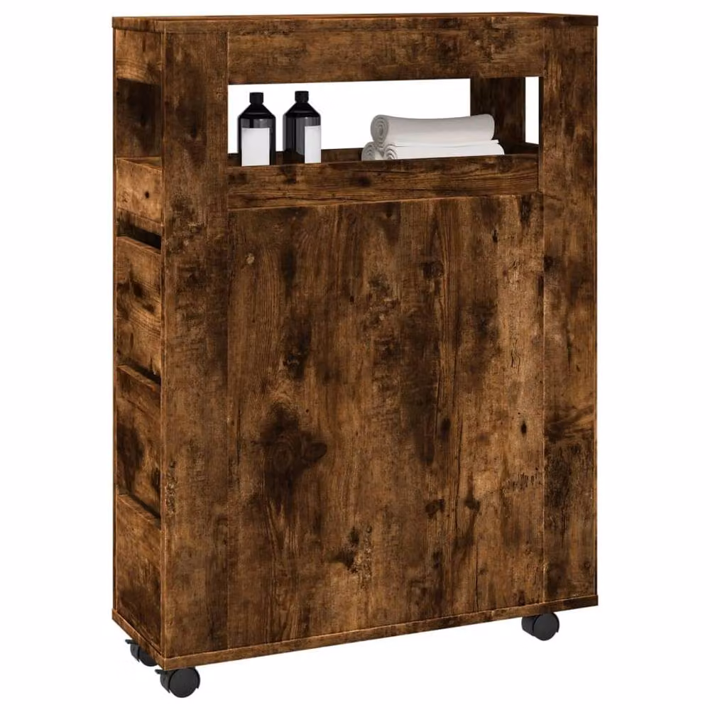 Berkfield Home Narrow Bathroom Cabinet with Wheels in Smoked Oak Brown Engineered Wood – 2