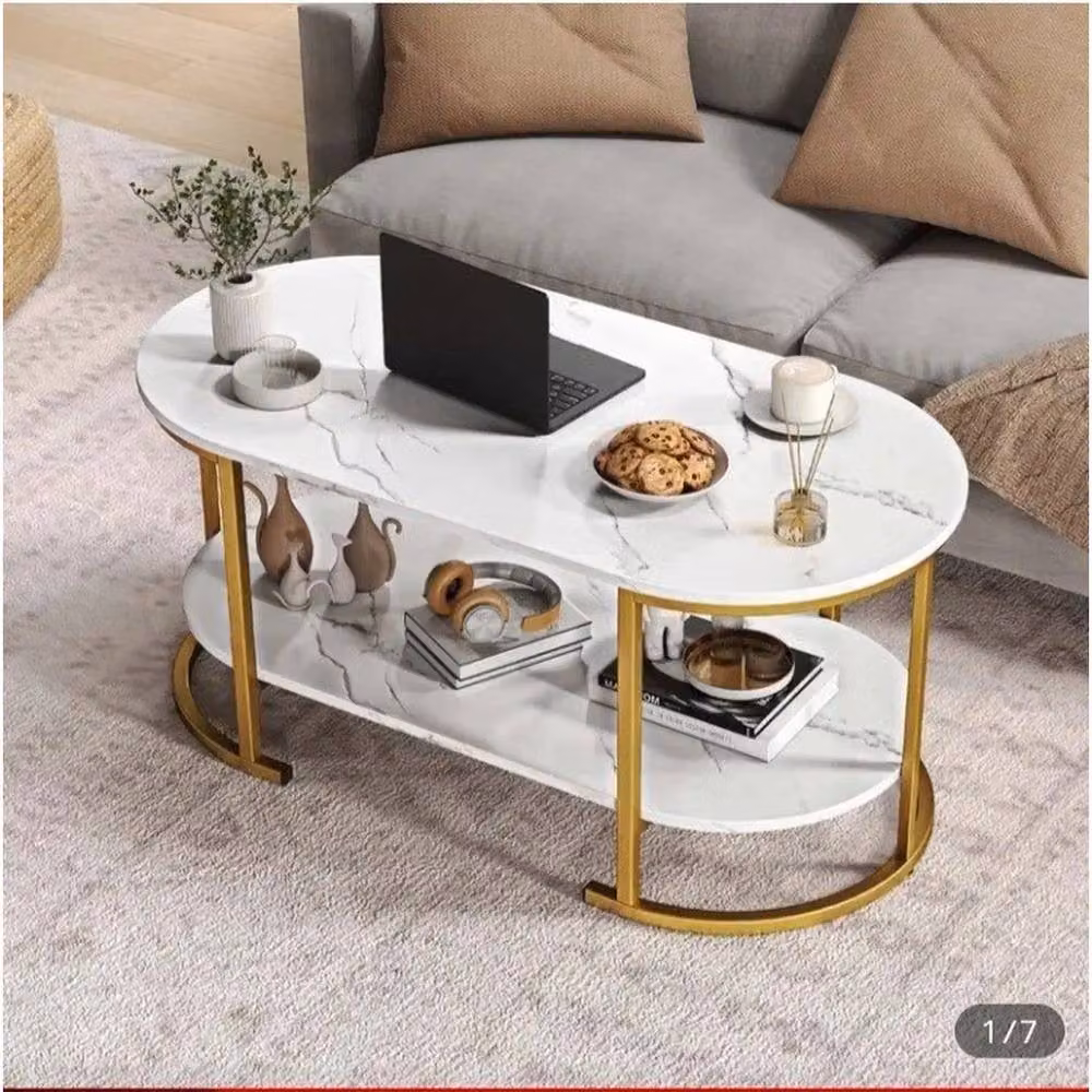 KORVIXA Modern Oval Coffee Table with White Glossy Faux Marble Top, W/D/H: 100 x 100 x 45 cm – 3