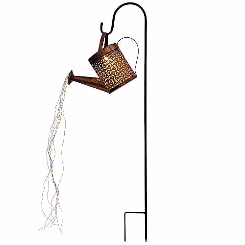 Globrite Solar Watering Can Garden Lights with 48 LED Warm White Retro Outdoor Decorative Waterfall Ornaments, IP65 Waterproof Metal Copper Design – 5