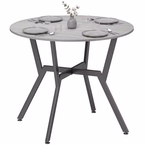 HOMCOM Modern Round Dining Table with Black Metal Legs in Grey – 1