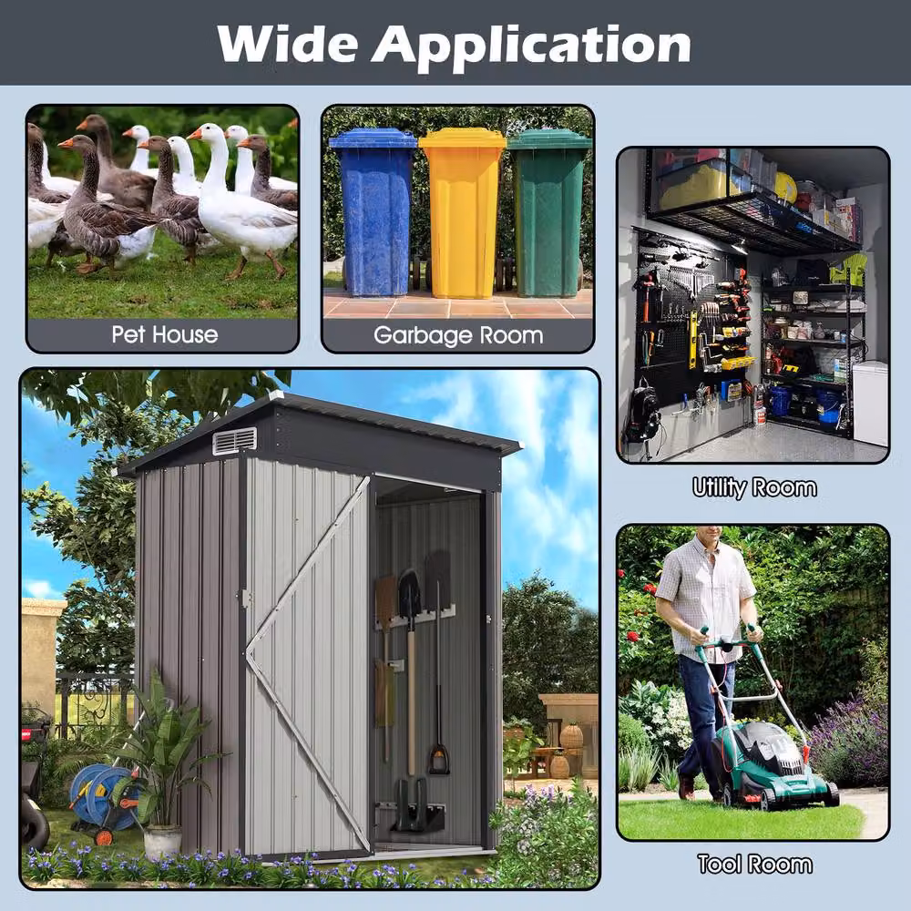 Costway Grey Pent All-Weather Metal Storage Shed with Sloping Design, W/D/H: 185 x 138 x 74 cm – 6