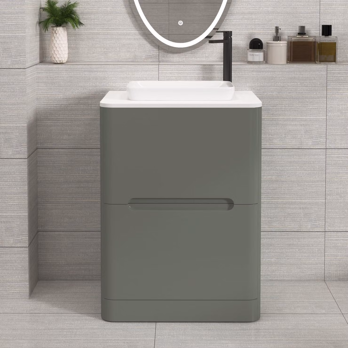 Royal Bathrooms Venice 600mm Sage Green Floor Standing Vanity Unit with 2 Drawers, Plain White Worktop and Qubix Basin