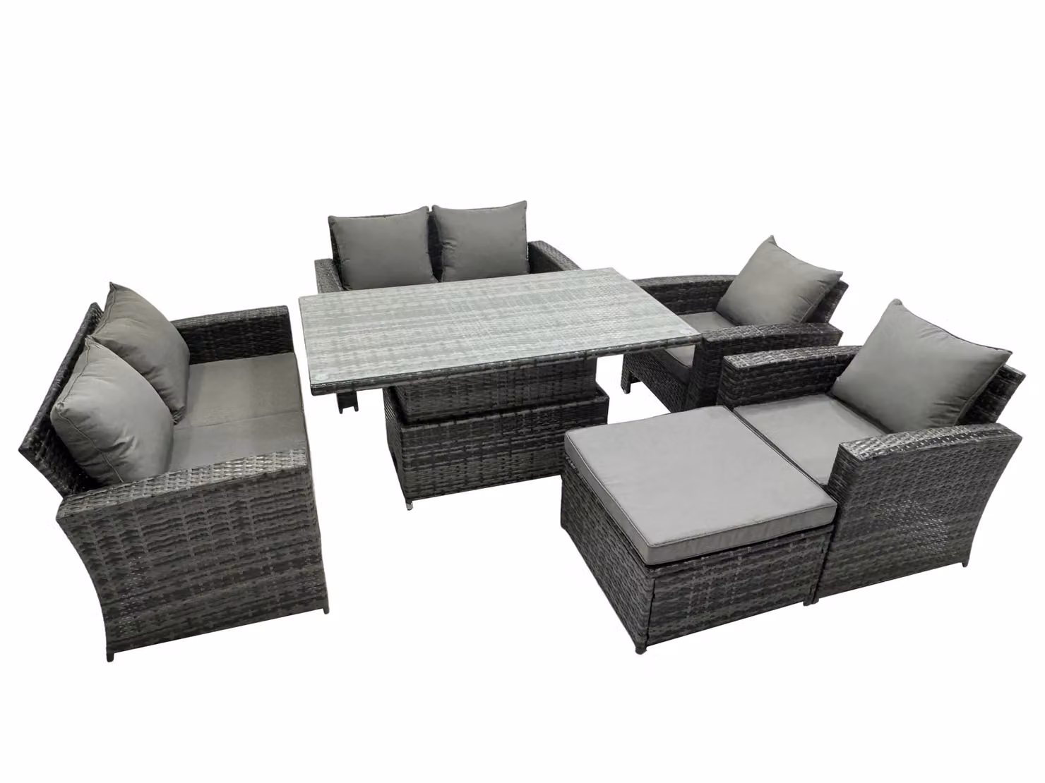 Fimous 7 Seater Rattan Outdoor Dining Set with Adjustable Height Rectangular Table and Love Sofa in Dark Grey – 2