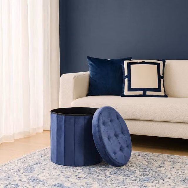 OHS Matte Velvet Round Ottoman Storage Stool in Navy Blue – 1
