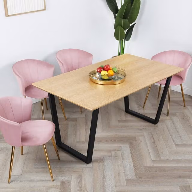 Home Garden Direct Oak Dining Table Set with 4 Pink Velvet Chairs and Gold Legs