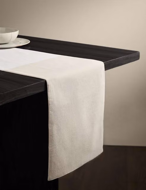M&S x Kelly Hoppen Woven Banded Table Runner in White Cotton and Half Linen