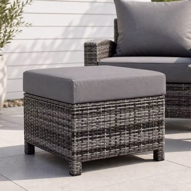 STILVORA Grey Rattan and Metal Garden Footstool with Padded Cushion, Width: 50 cm