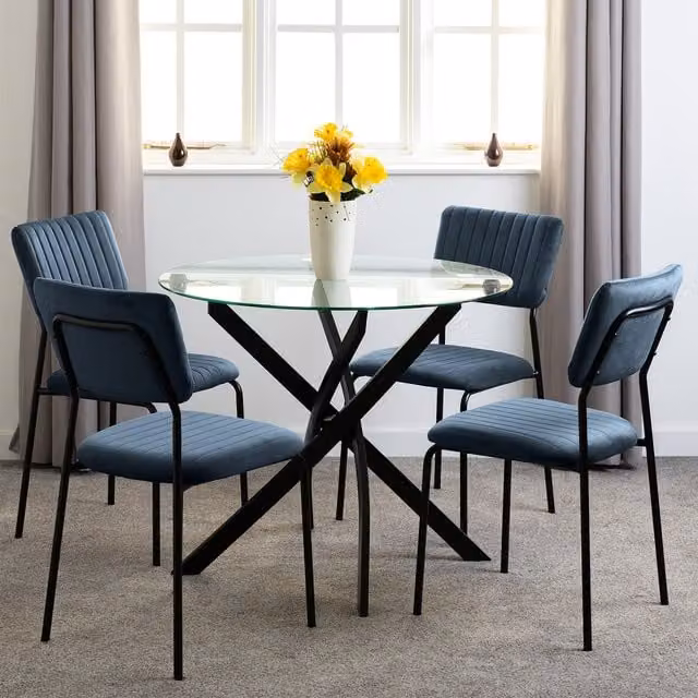 Seconique Sheldon Round Glass Top Dining Set with X-Frame Chairs in Blue, Black and Transparent