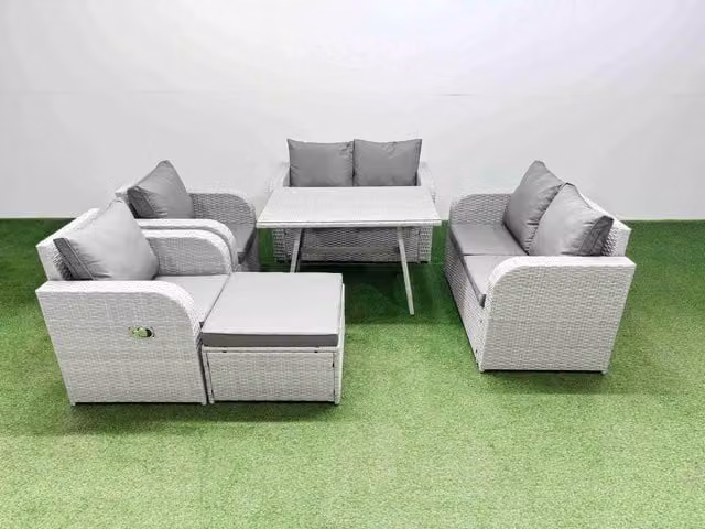 Fimous 7 Seater Rattan Garden Furniture Set in Light Grey with Upholstered Cushions and Powder Coated Steel Frame
