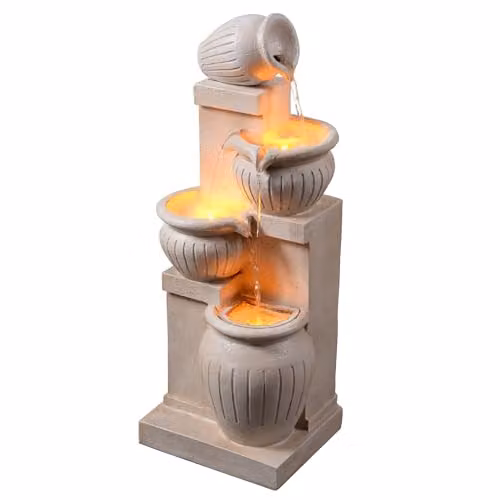 Teamson Home Solar Powered 4-Tier Cascading Bowl Outdoor Water Feature with LED Lights, Natural Finish, W/D/H: 72 x 24 x 24 cm