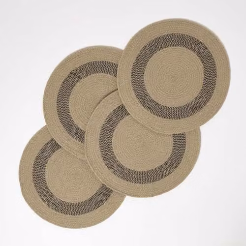 HOMESCAPES Set of 4 Round Cotton Placemats with Braided Pattern in Black and Grey, Diameter: 40 cm – 1
