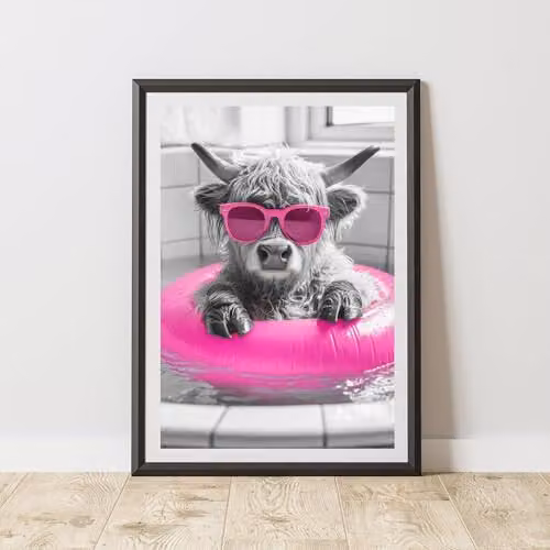 60 Second Makeover Highland Cow with Pink Rubber Ring Animal Print Paper Poster, A3