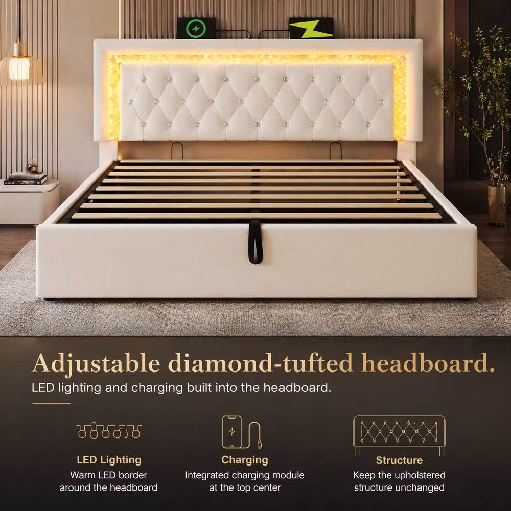 STILVORA Super King Bed Frame with LED Under-Bed Lighting, USB Type-C Charging Ports and Lift-Up Base in Beige Velvet Fabric, W: 180 cm, L: 200 cm – 4