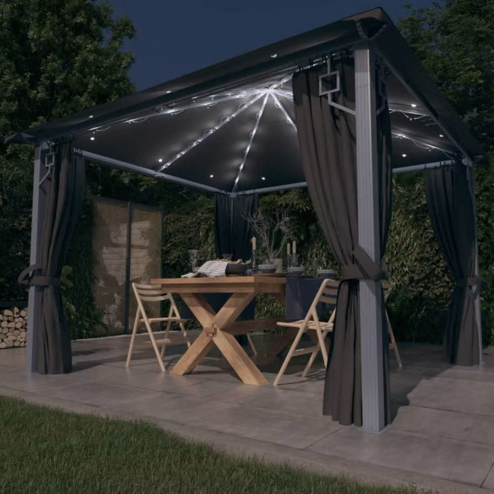 Berkfield Home Anthracite Aluminium Gazebo with Curtains and LED String Lights, W: 300 cm, D: 300 cm, H: 270 cm – 2